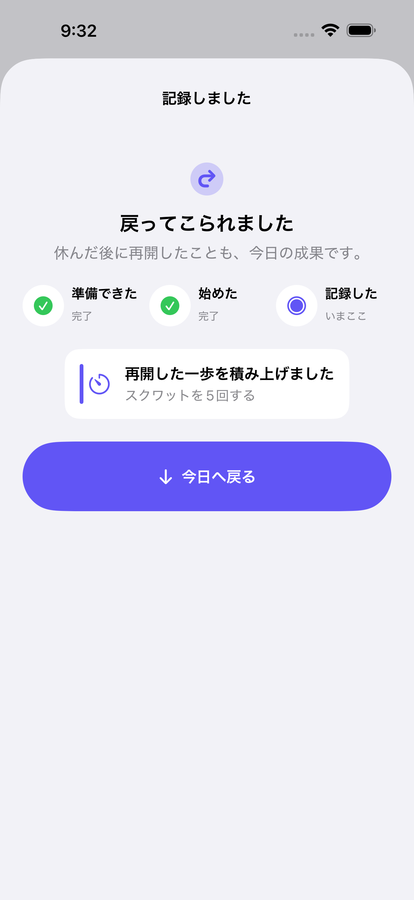 休んだあとに小さく戻れたことを伝える画面
